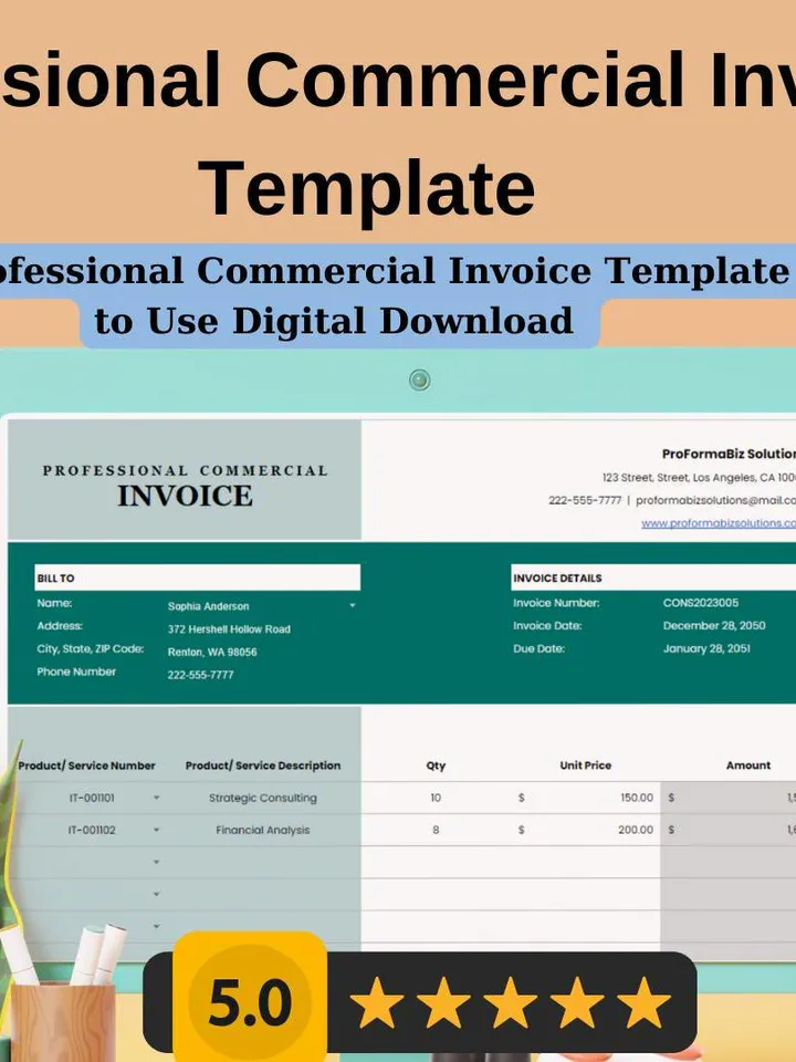 Editable Professional Commercial Invoice Template | Easy to Use Digital Download | Google Sheets Invoice for Businesses and Freelancers