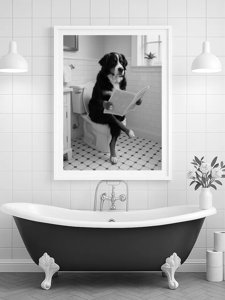Funny Dog Reading on Toilet Wall Art, Bernese Mountain Dog Bathroom Humor Print, Pet Lover Digital Download