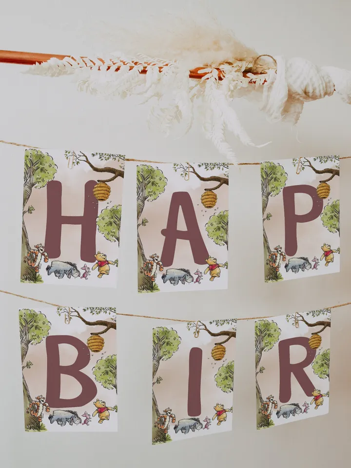 Editable Happy Birthday Banner garland Winnie the Pooh First Birthday Banner Garland; Hundred Acre Wood Party; Instant Download; wp6
