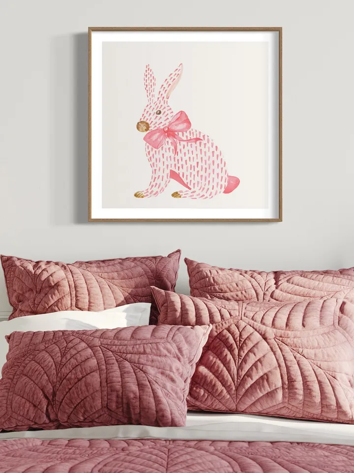 Pink Rabbit Watercolor Painting, Chinoiserie Rabbit, Pink Bunny Nursery, Baby Easter, Chinoiserie Bow Art, Pink Bow Art, Girls Room Decor
