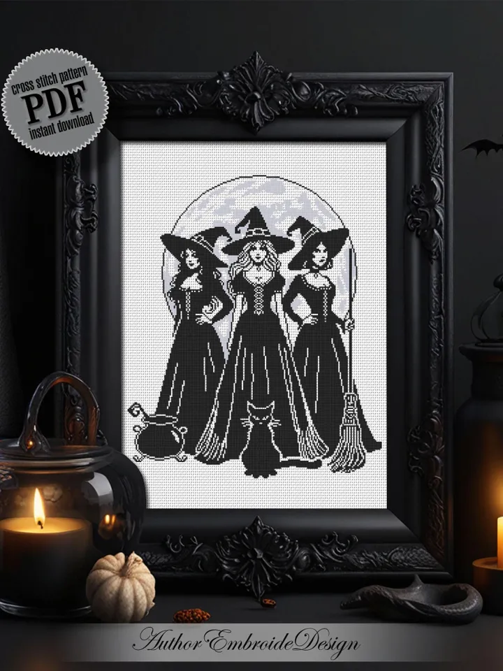 Halloween witches cross stitch pattern PDF download Witchy cross stitch chart, Witch pattern digital PDF, Full moon, Witch embroidery #H84
