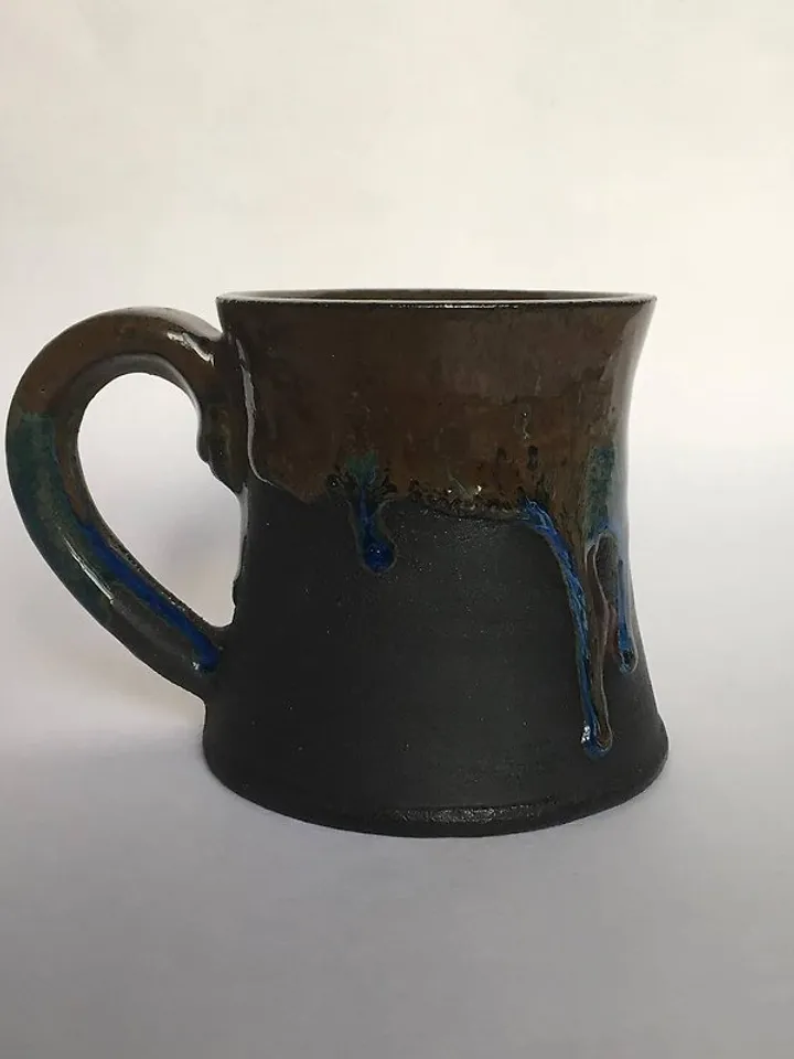Brown, blue and black glazed stoneware mug