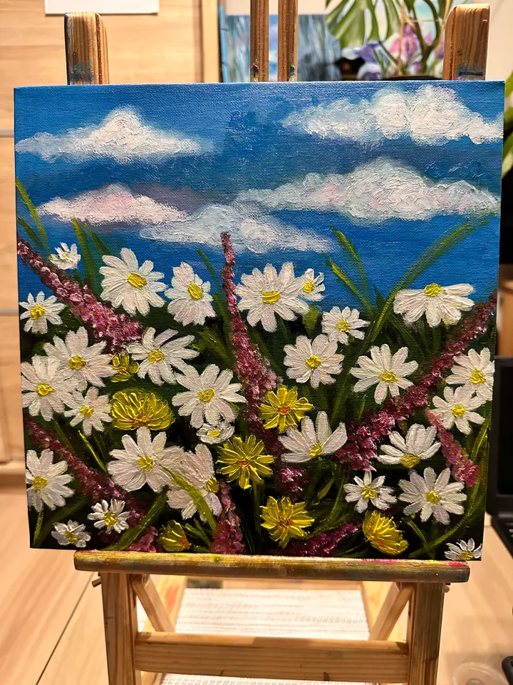 Oil Painting of Spring Plants Flowers Blooming Meadow Wall Decor Nature Floral Art Canvas on Cardboard 12x12 inches 30x30 cm Gift for Her