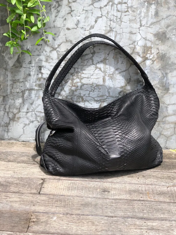 Big Soft Hobo Classy Sport Woman Bag | Purse Genuine Python Skin | Python Skin Products | Black Big Elegant Leather Designer Soft Bag Snake