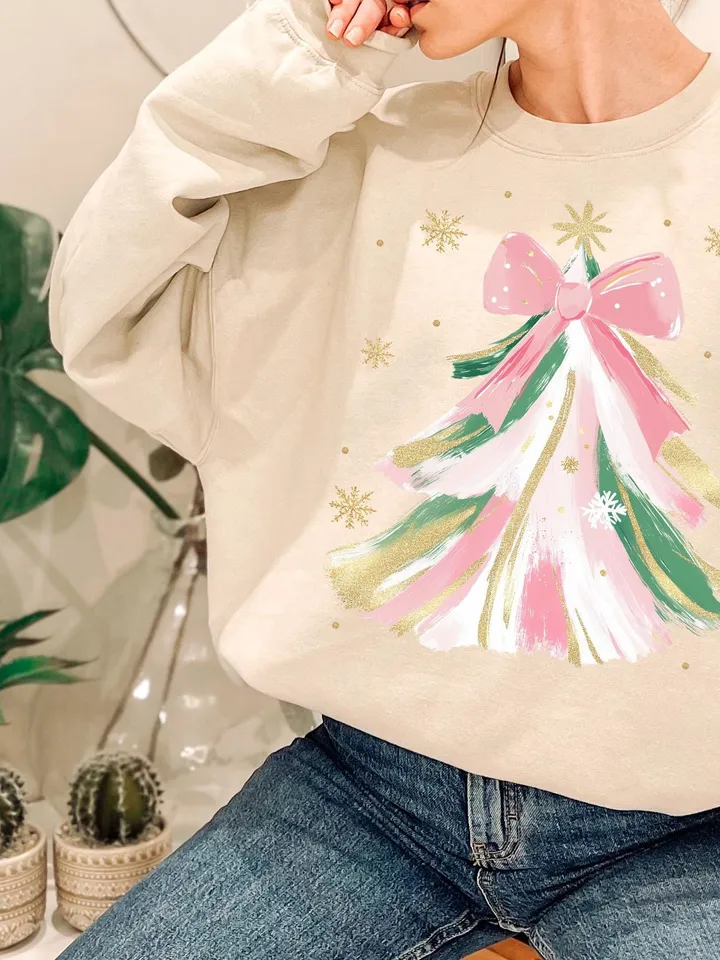 Coquette Glitter Christmas Tree Png, Watercolor Christmas Tree Girly, Merry Christmas Coquette Bow Tree Png, Christmas Lights Hand Drawn
