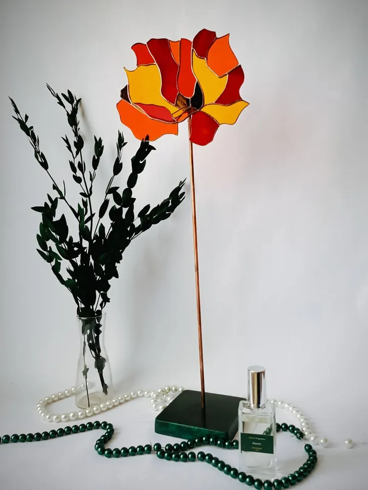 Poppy with Bud, Seed Pod, and Leaf on a Stand, Stained Glass Poppy, Tiffany Style Wildflower, Decorative Glass Poppy, Poppy Flower with Bud and Leaf, Handmade Glass Bloom, Poppy on a Stand
