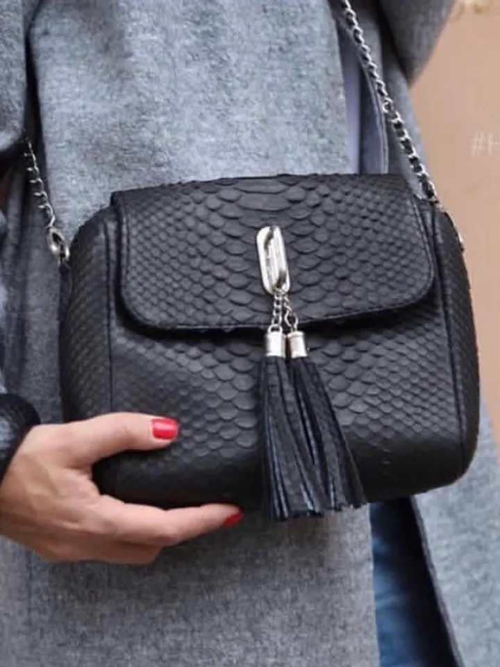 Genuine Python Skin Classy Crossbody Chain Bag Handmade | Tassel Bag Python Leather Detachable Chain Clutch Black Classy Elegant Purse Style