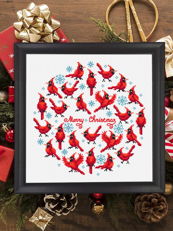 Christmas cardinal cross stitch pattern PDF download Red bird cross stitch chart, Merry Christmas pattern digital PDF, Cardinal decor #N164