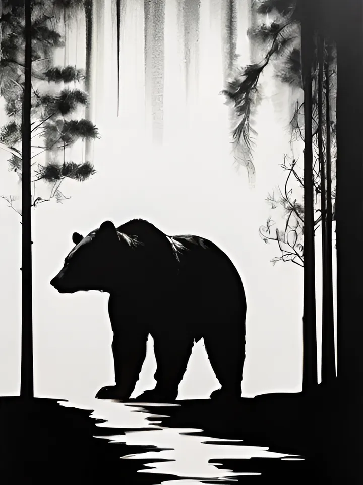 Digital product, Bear image, Bear print, Bear print, Wildlife, Contrast print, Black and white silhouette, Monochrome print, Symbolic painting, Bear poster.