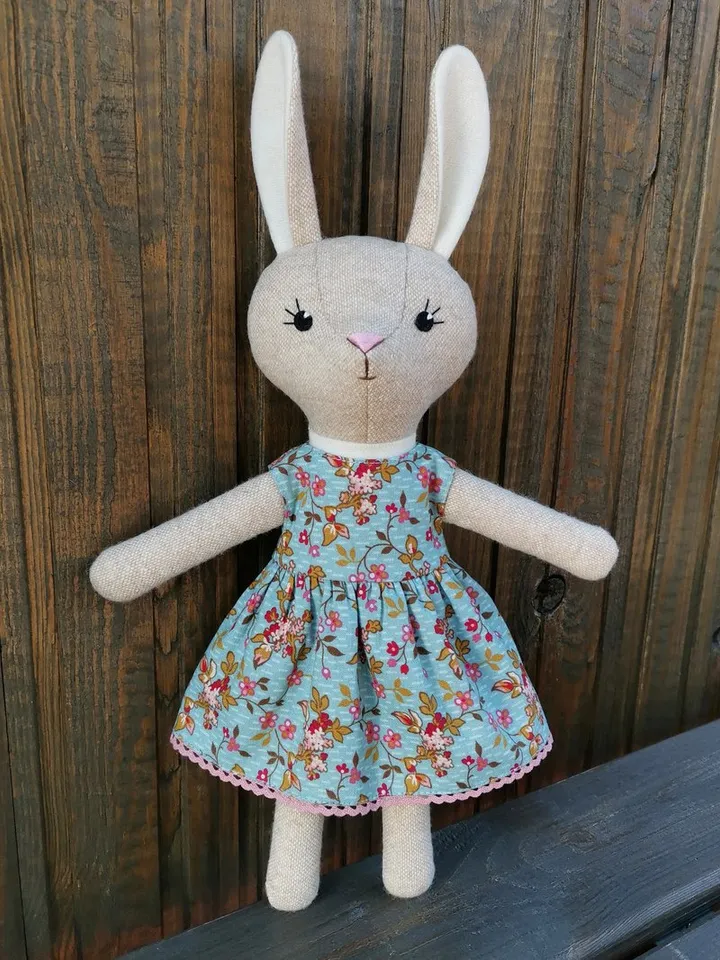 Beige bunny girl, handmade stuffed doll, fabric plush rabbit toy, wool animal doll