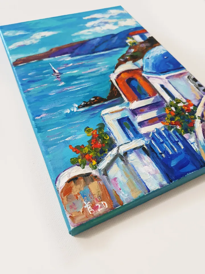Santorini sailboats at sea oil painting diptych