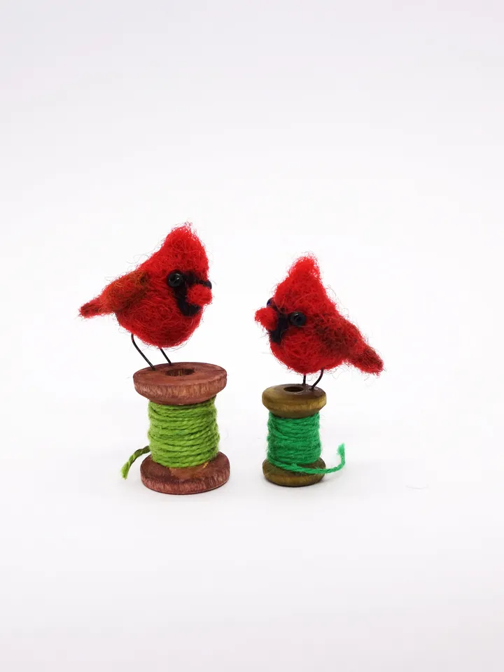 Tiny needle felted cardinal on a bobbin, miniature bird, Christmas gift, made to order
