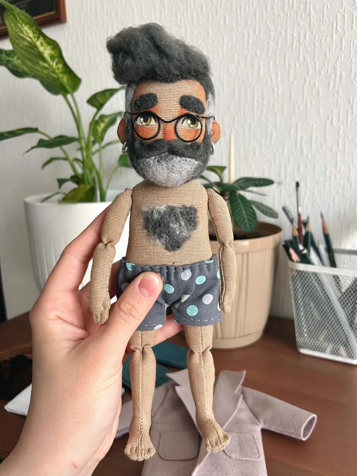 Textile art doll bearded man with grey hair
