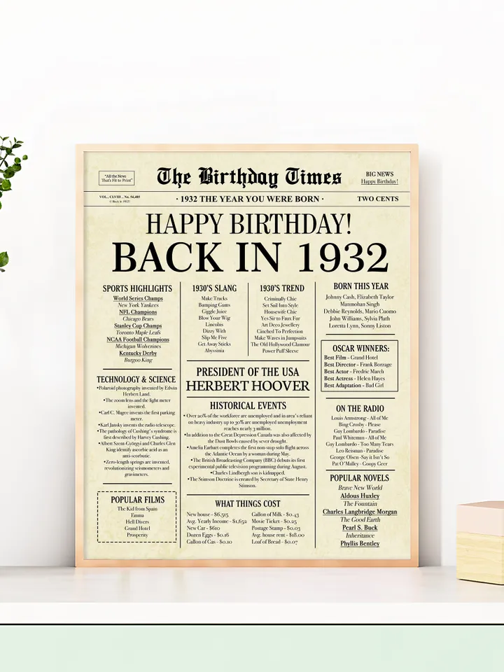 Back in 1932 Birthday Card - 92nd Birthday Gift for Women or Men - 92nd Birthday Decoration for Grandmother or Grandpa - Funny Table Centerpiece for 92 Years Old Birthday Party - Last Minute Gift