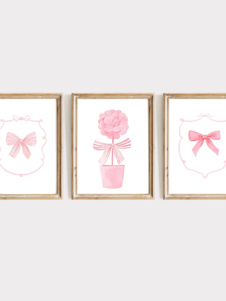 Pink Bow Set Of 3 Watercolor Painting, Nursery Room, Pink Watercolor Bow, Baby Girl Gift, Pink Bow Wall Art,Girly Wall Art,Coquette Pink Bow