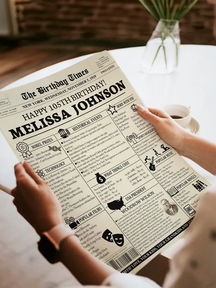 105th birthday, birthday gift for grandma or grandpa, grandma birthday gift, 105th birthday newspaper, 1919 birthday ideas, back in 1919