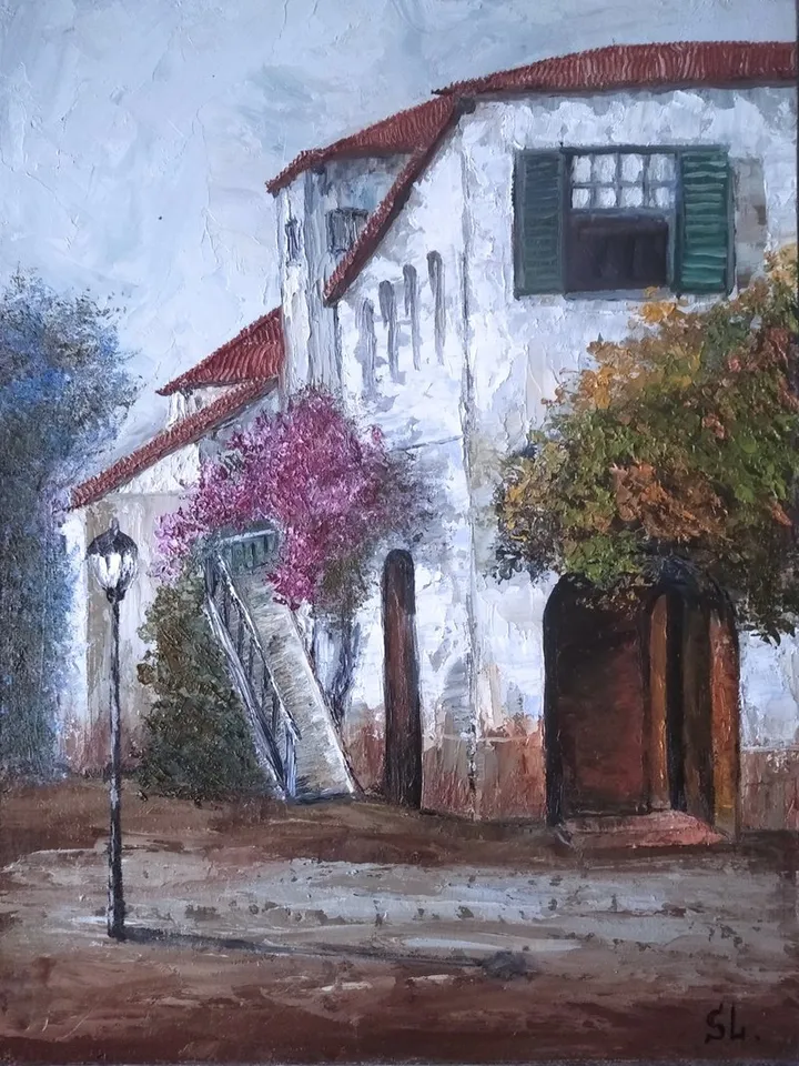 Oil Painting Old Houses, South Street, White House, Flowering Bush, Original Painting Reproduction 16x12 inches.