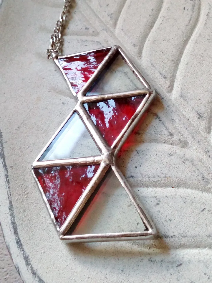 Glass geometric pendant, Origami Red necklace, triangular necklace, stained glass cute necklace
