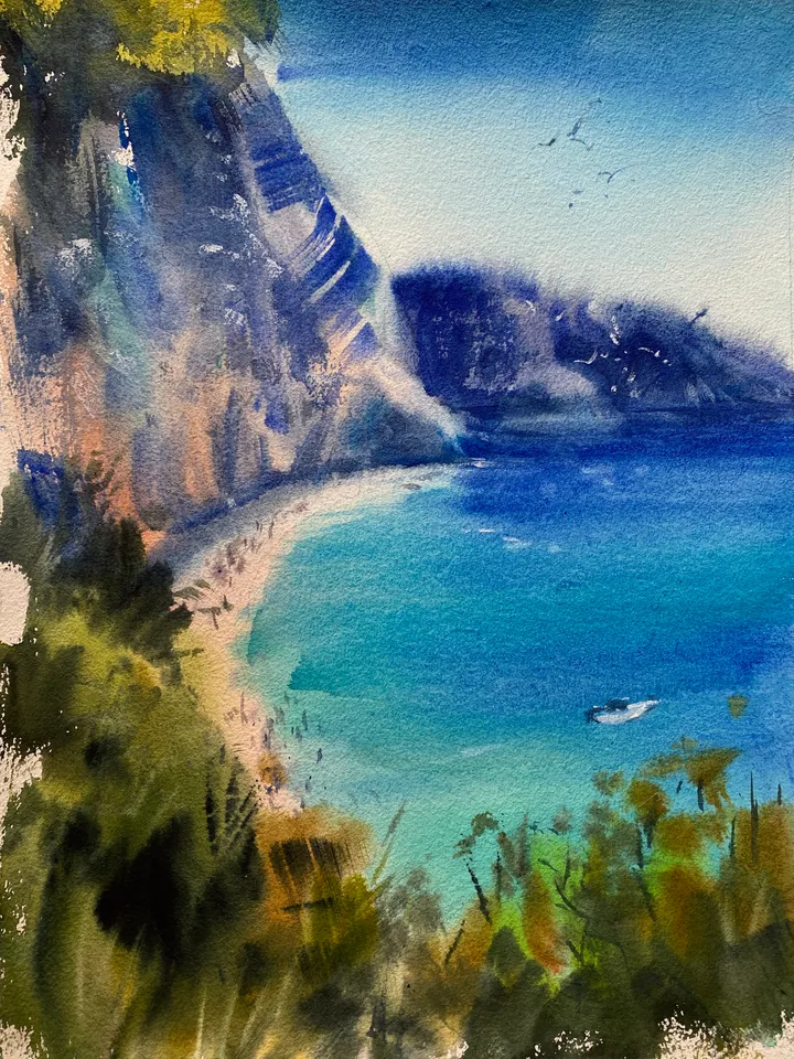Watercolor landscape seascape painting blue colours