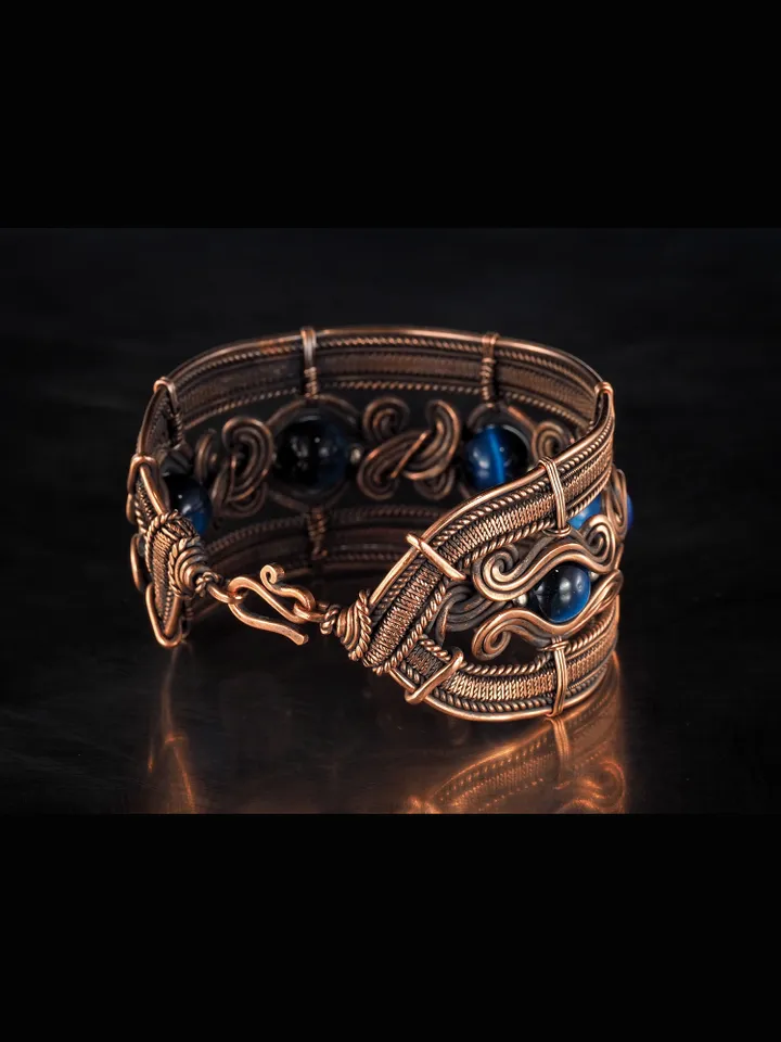 Copper wire bracelet with natural falcon eye, 7th Wedding Anniversary gift