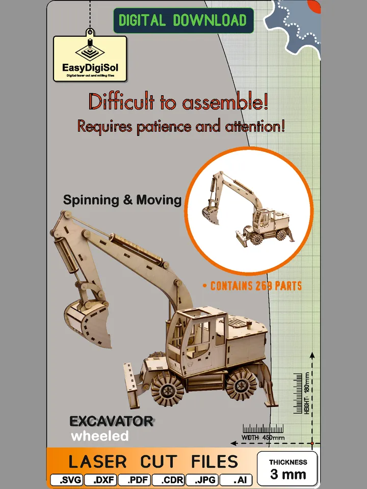 Laser Cut Excavator DIY SVG AI PDF JPG Glowforge gift for kids model kit wooden toys