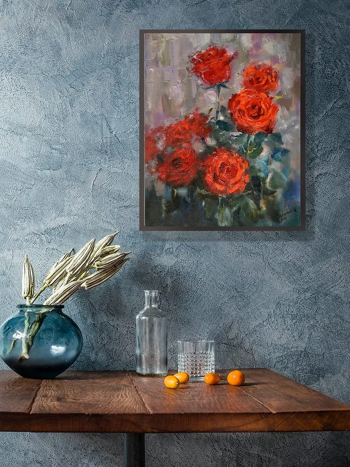Roses Painting Red Flowers Artwork Floral Canvas Original Art Impressionism 油畫原作