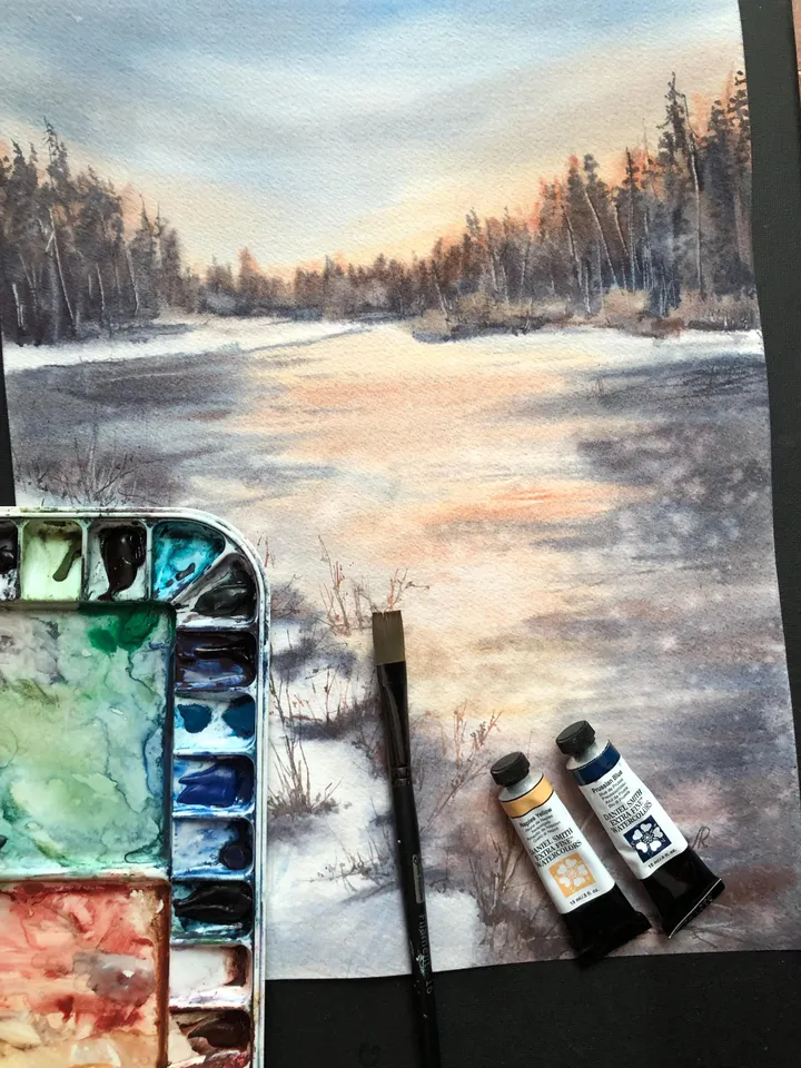 Landscape Original Painting Watercolor River Wall Art Winter Landscape