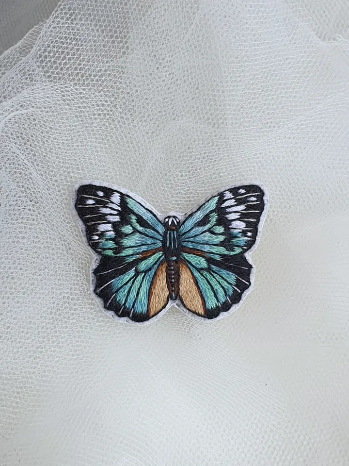 Butterfly Brooch. Hand-embroidered brooch, artistic satin stitch.