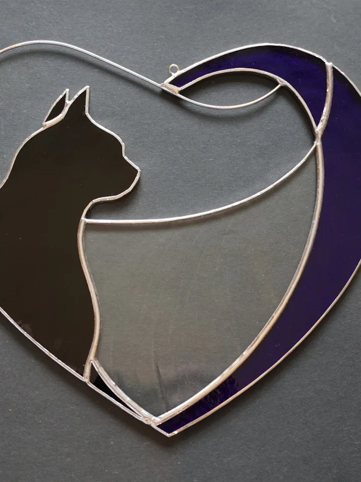 Black Cat in Blue Heart . Art stained glass window hanging Suncatcher . Gift for animal lover , pet loss memorial