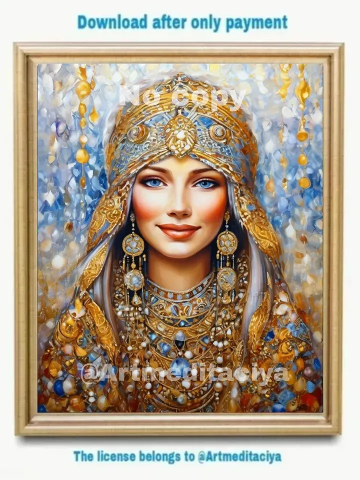 Digital abstract textural painting "Mysterious Russian Beauty" with expressive big blue eyes in a national costume on an abstract snowy mosaic background in golden-blue tones with zen elements of aged gold in the style of oil painting