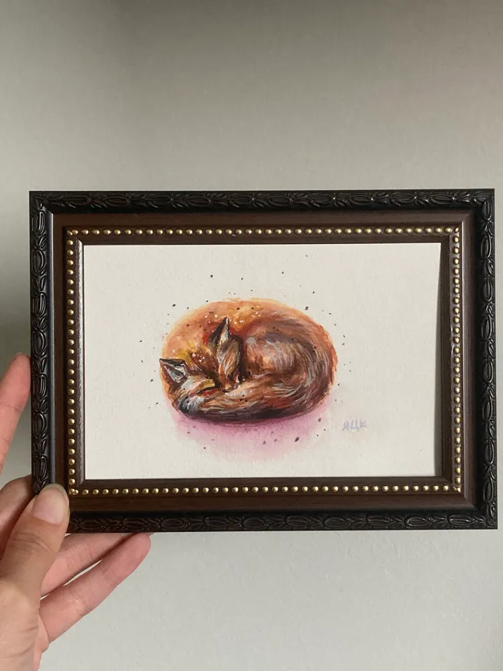 Sleeping Fox Painting Framed Small Watercolor Painting Original Art Frame Animal Painting Realistic Fox
