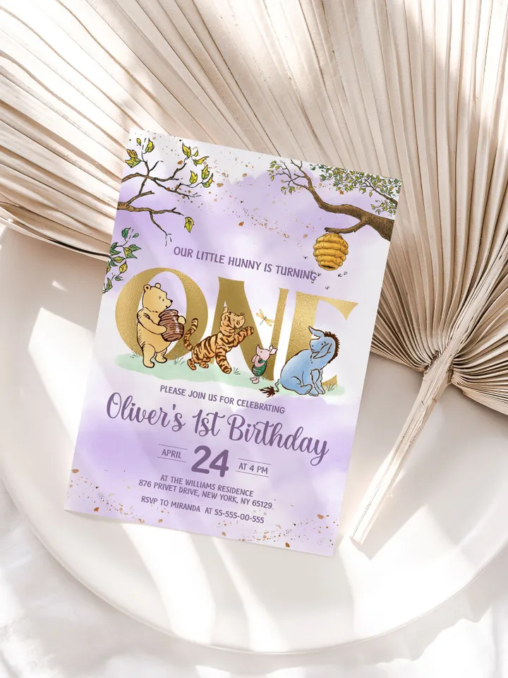 Classic Winnie Pooh Baby Birthday Invitation; Winnie Pooh Baby Birthday ; Greenery Baby Birthday; Honey Bear Birthday; Winnie Pooh wp