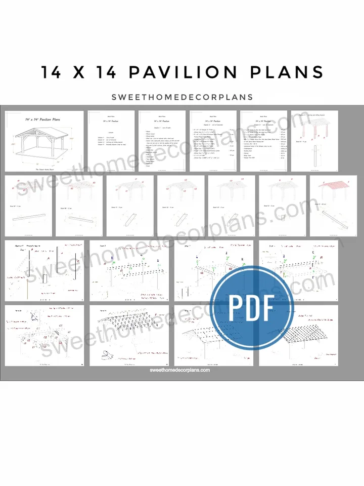 Diy 14 x 14 Gable Pavilion Plans in pdf. Square outdoor pavilion gazebo plans. Carport plans. Diy backyard wooden pavilion plans for outdoor.