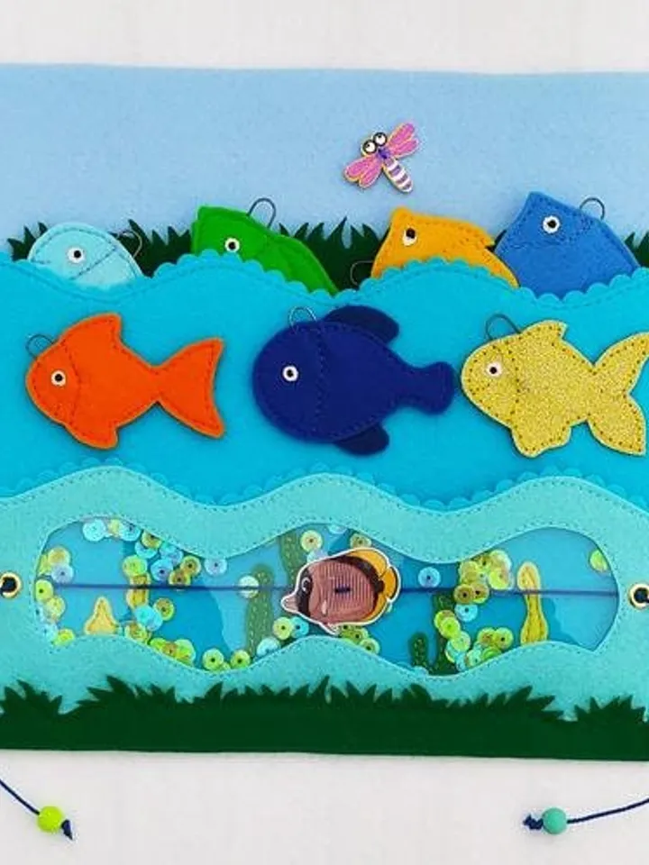 Cat and Fish quiet book PDF pattern & tutorials, Felt activity book for kids, Fishing quiet book template, Felt book ideas for toddler