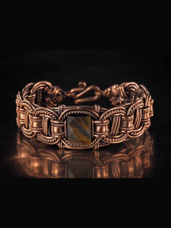 Copper wire bracelet with natural Tiger eye, 7th Wedding Anniversary gift