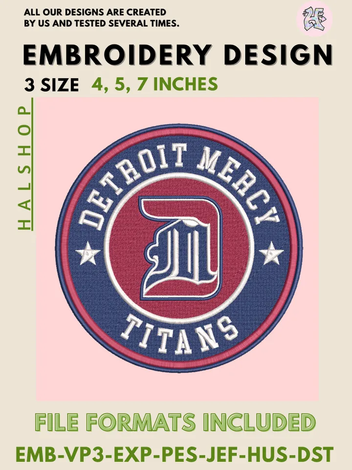 Detroit Mercy Titans NCAA Mascot Logo Embroidery Design – College Team Pattern, Machine Embroidery Files, 3 Sizes Digital Instant Download