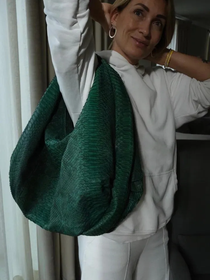 Big Soft Hobo Classy Sport Woman Bag | Purse Genuine Python Skin | Python Skin Products | Green Big Elegant Leather Designer Soft Bag Snake