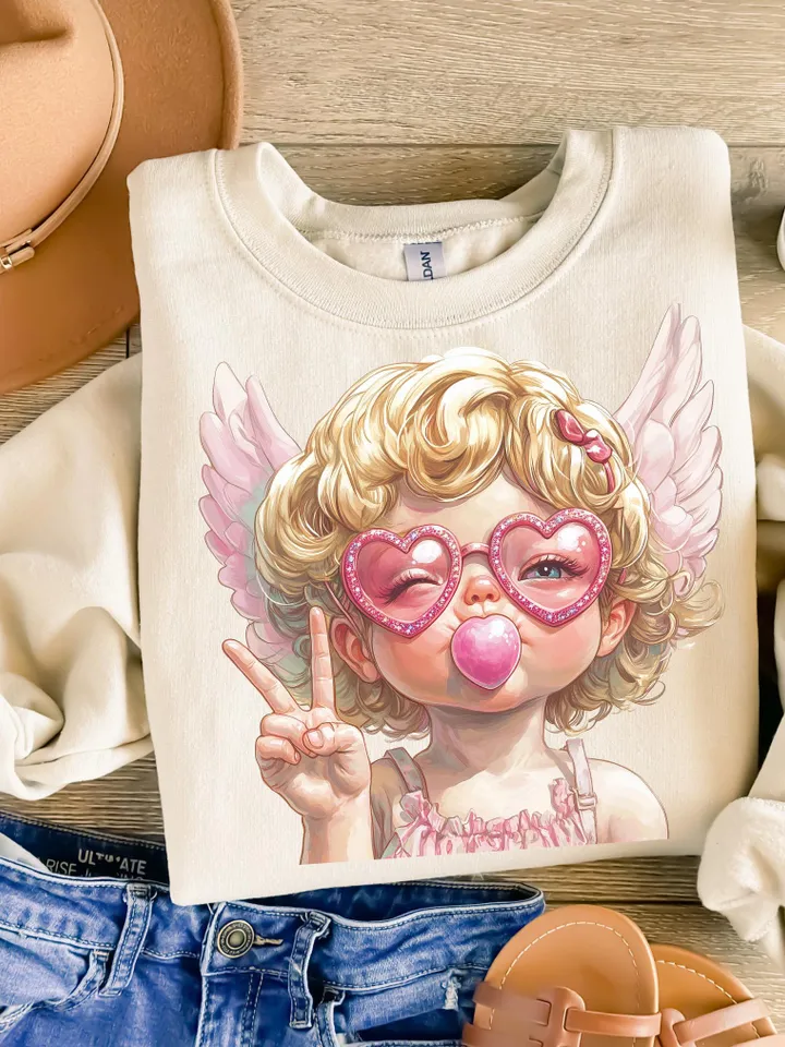 Retro Cupid Valentines Day Blowing Bubble PNG, Vintage Valentines Day png, Funny Cupid With Sunglasses png, Valentines Day png, Cupid png