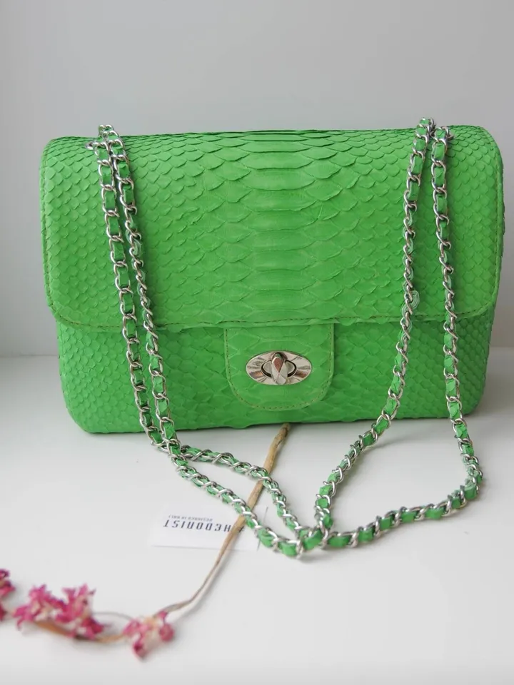 Genuine python skin maxi crossbody bag green colour big, summer big chain crossbody, elegant classy crossbody bag genuine leather summer