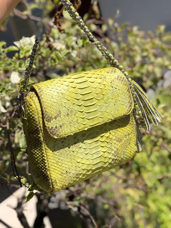 Genuine python skin crossbody chain yellow snake print tassel bag, summer bag elegant leather, snakeprint bag, convertable bag, yellow bag