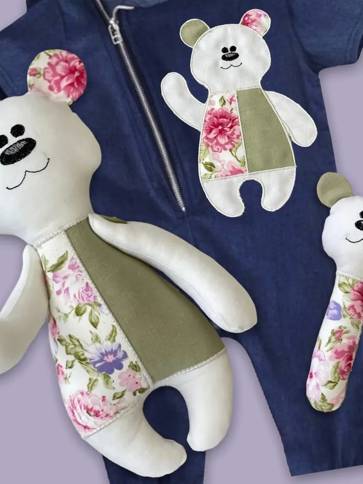 Machine embroidery designs set for babies: Soft toy, Rattle and Bear application Project in the hoop