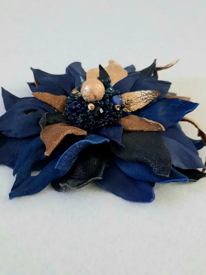 Blue leather brooch for her , 3rd anniversary gift for wife, Leather women's jewelry
