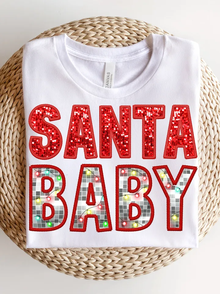 Santa baby preppy disco Christmas lights digital Faux Glitter Sequins Embroidery Letters PNG Christmas Lights, Trendy red Christmas