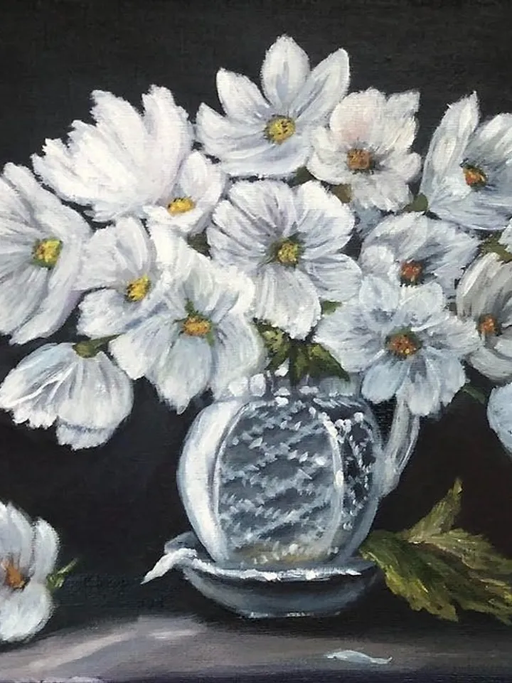 Black oil painting White flowers in a white vase White cosmea Art 25 x 30 cm