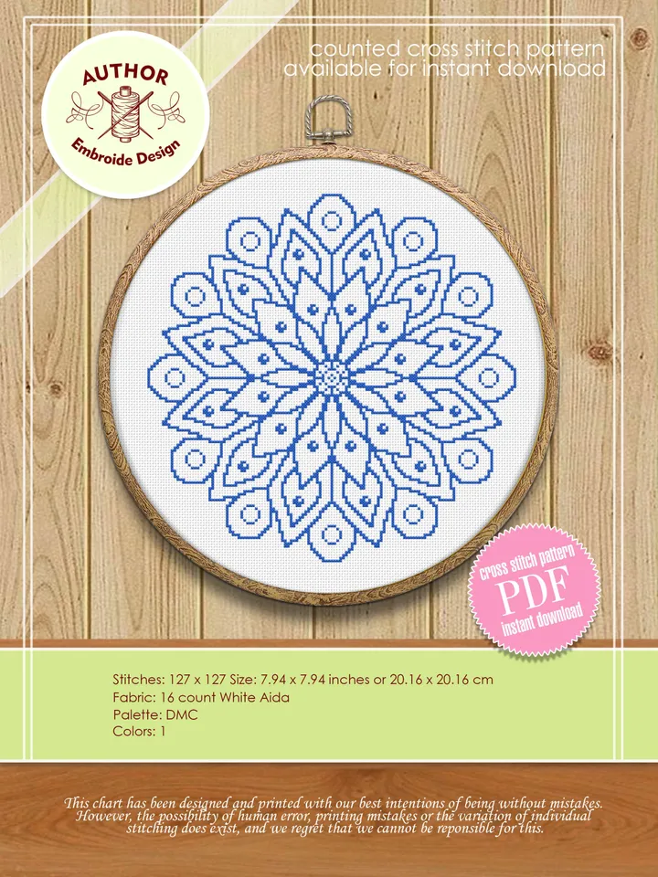 Easy mandala cross stitch pattern download PDF Flower mandala digital Monochrome cross stitch Floral ornament xstitch chart Home decor #M71