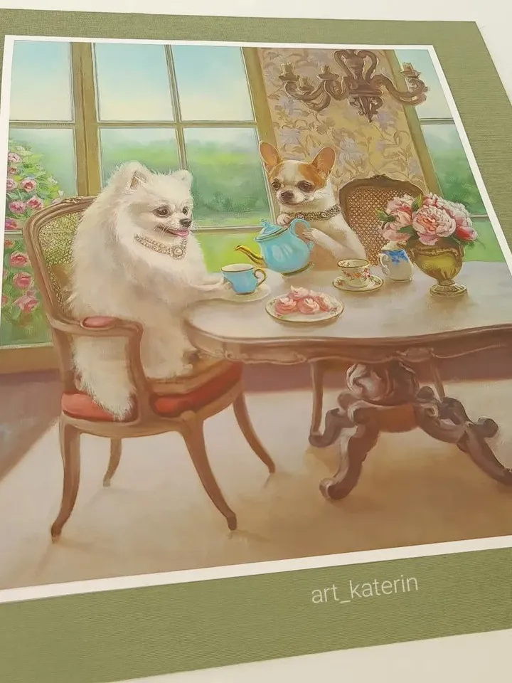 print of oil painting Chihuahua "Tea party with marshmallow"