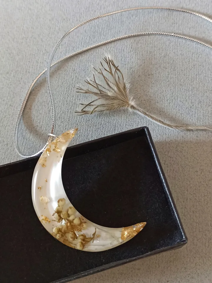Moon pendant with rowan flowers and gold leaf in jewelry resin Moon necklace with white flowers