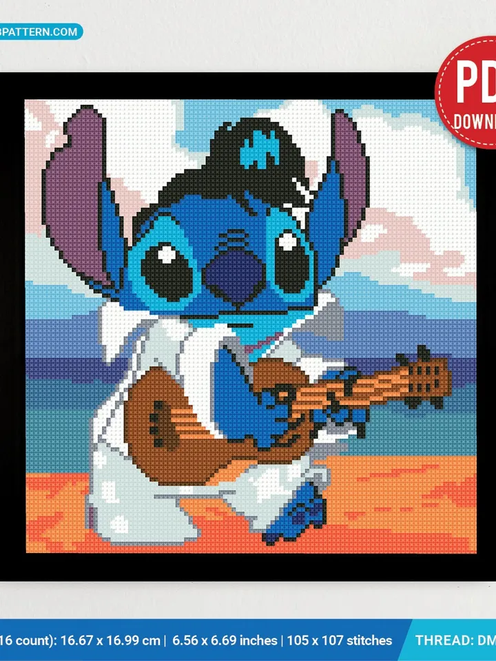 Stitch Elvis Presley, Lilo and Stitch cross stitch pattern, Love Hawaii, nursery decor, beginner, modern chart, DIY, embroidery, instant PDF