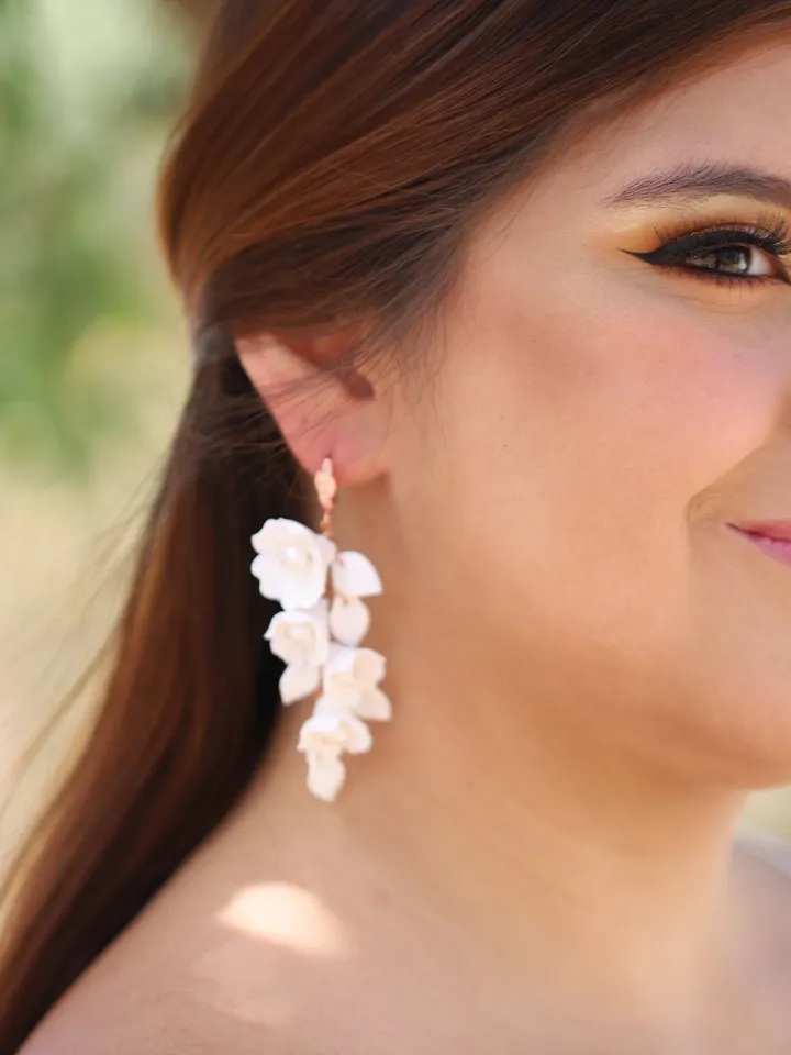 Delicate Porcelain Flower and Leaf Wedding Earrings, Boho Bridal Earrings, Rose Gold Statement Earrings, Floral Chandelier Earrings, Jewelry