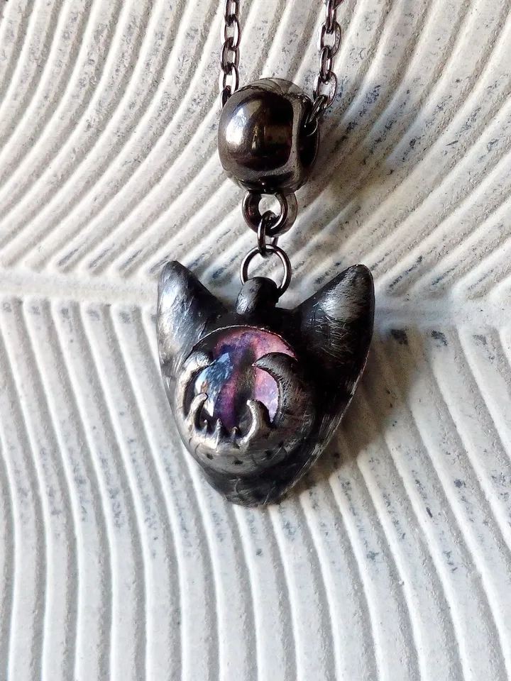 CAT necklace, cat eye tin soldered pendant, cat lovers jewelry, Halloween necklace, witchy aesthetic, goth bat pendant